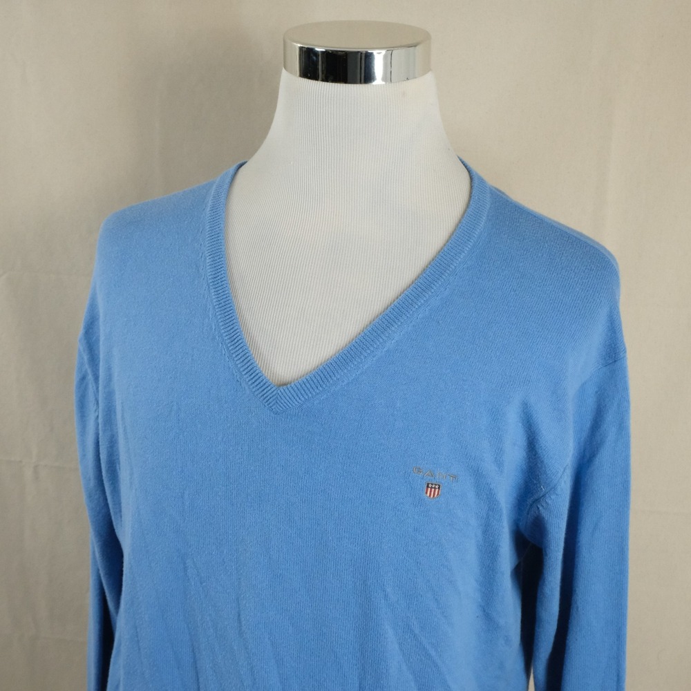 Gant Size Large V Neck Sweater Blue Pima Cotton Yak Casual Crested Mens